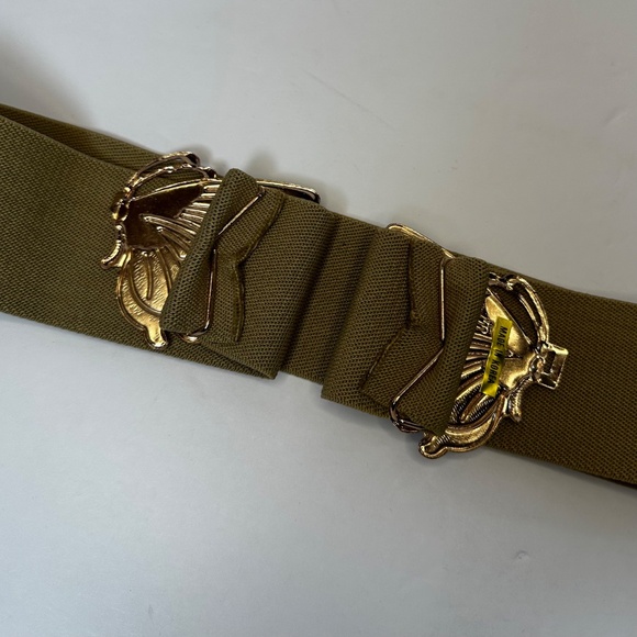 Vintage Butterfly Stretch Belt Olive Elastic Gold Tone Buckle - Picture 2 of 3